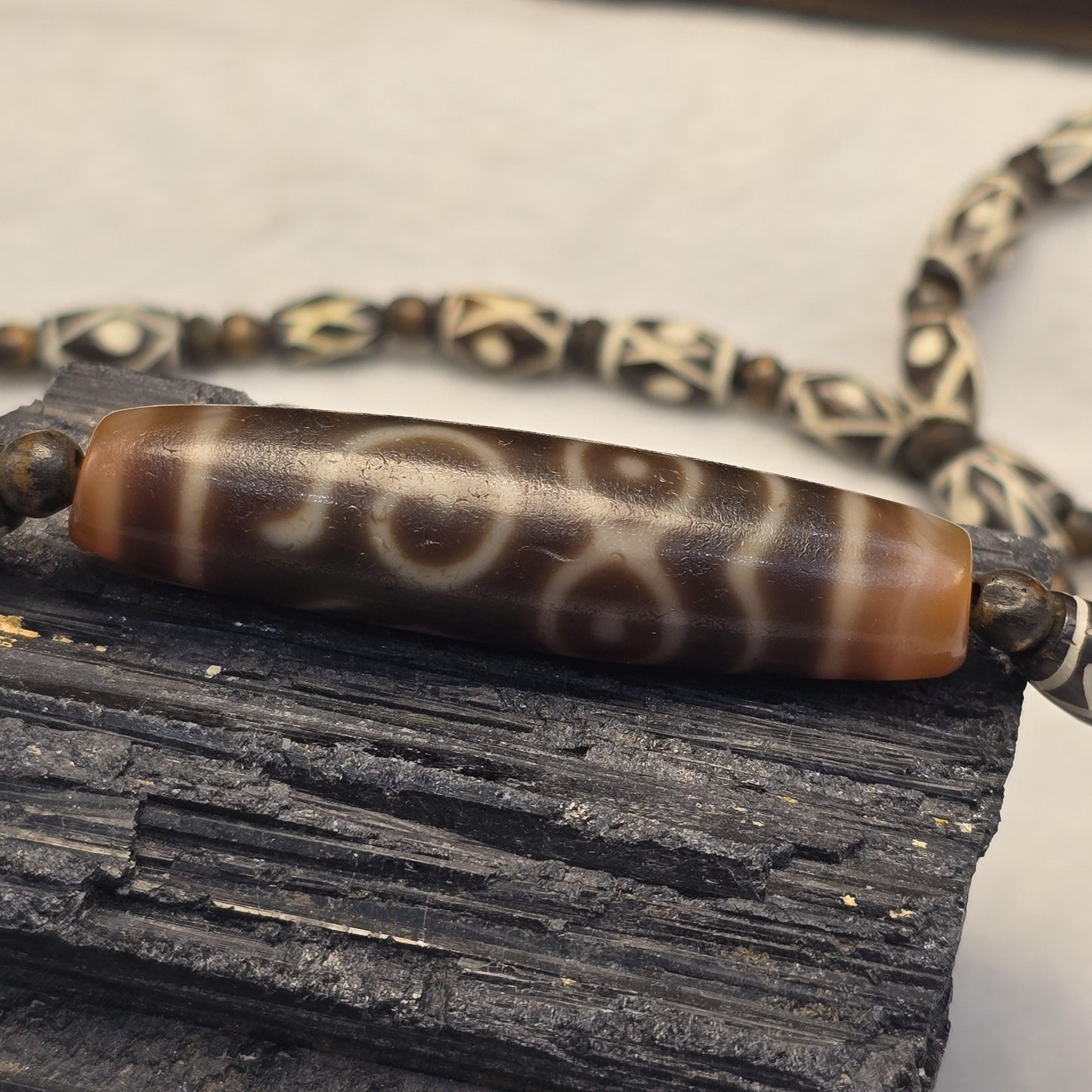 Antique Sacred Taiwan Dzi Bead with Tibetan bone beads Necklace Spiritual Protection & Good Luck Amulet
