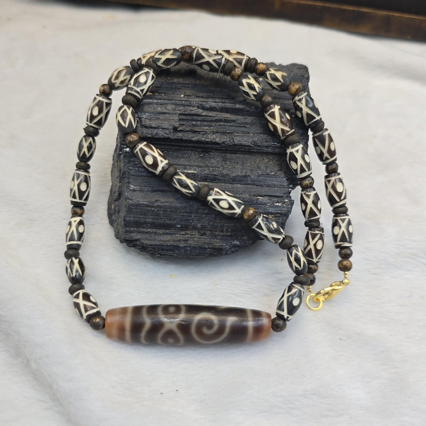 Antique Sacred Taiwan Dzi Bead with Tibetan bone beads Necklace Spiritual Protection & Good Luck Amulet
