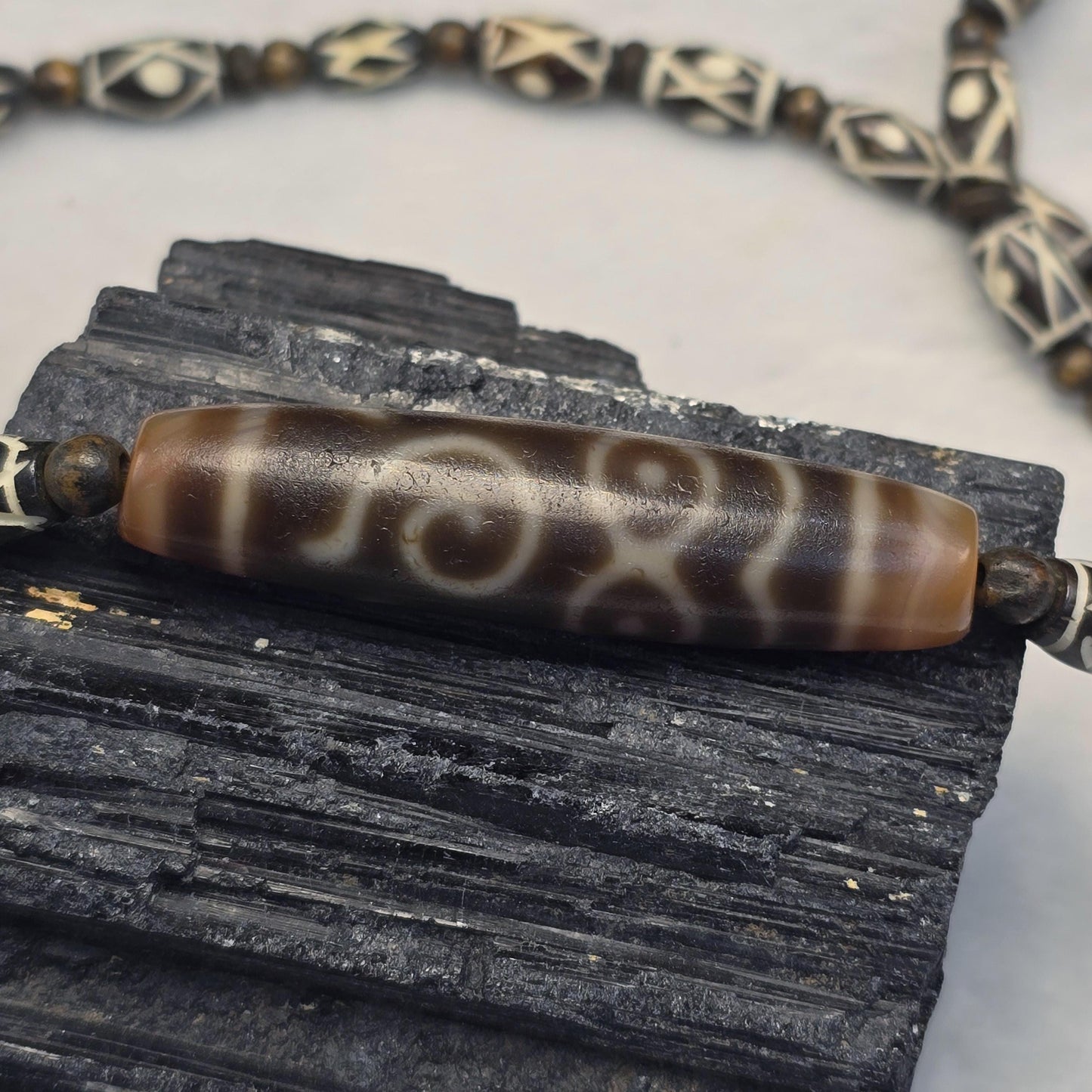 Antique Sacred Taiwan Dzi Bead with Tibetan bone beads Necklace Spiritual Protection & Good Luck Amulet
