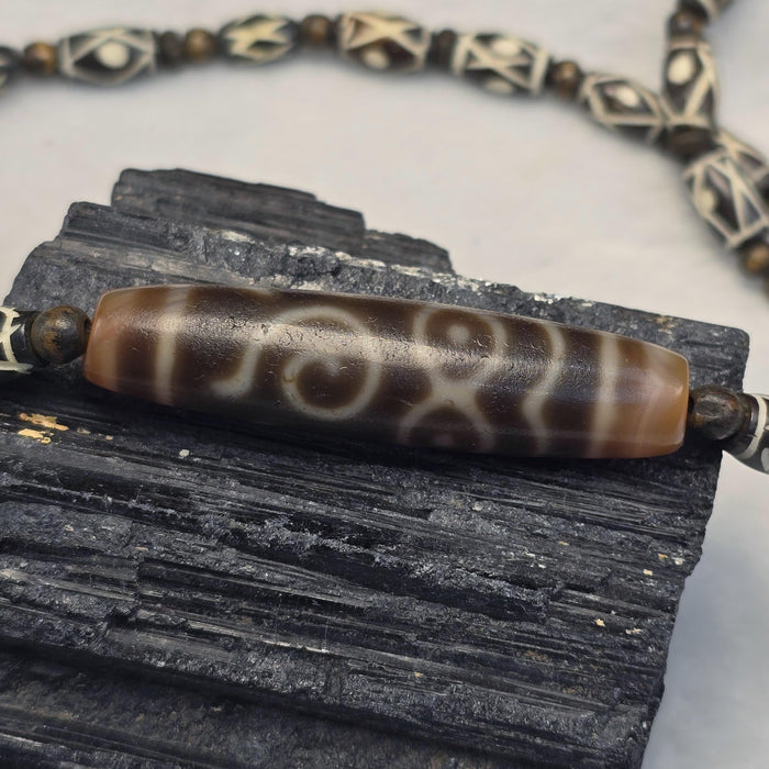Antique Sacred Taiwan Dzi Bead with Tibetan bone beads Necklace Spiritual Protection & Good Luck Amulet