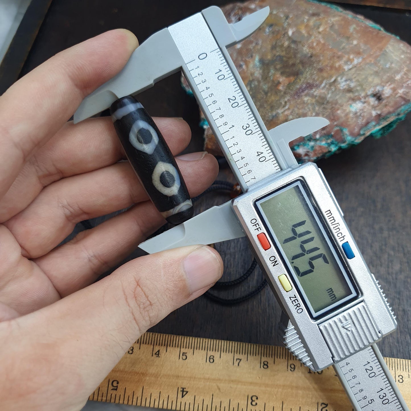 Rare Authentic Tibetan Style 3-Eye Dzi Bead – Natural Himalayan Agate – Weathered "Dragon Skin" Texture – Trinity of Fortune Amulet