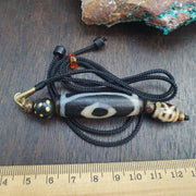 Rare Authentic Tibetan Style 3-Eye Dzi Bead – Natural Himalayan Agate – Weathered "Dragon Skin" Texture – Trinity of Fortune Amulet