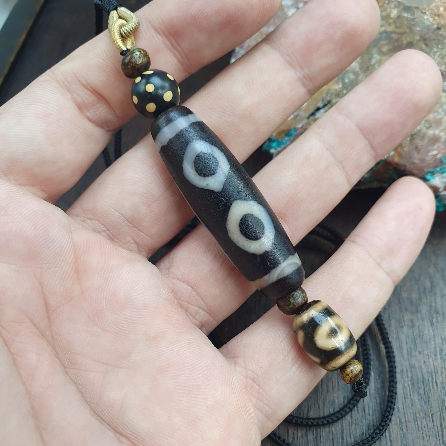 Rare Authentic Tibetan Style 3-Eye Dzi Bead – Natural Himalayan Agate – Weathered "Dragon Skin" Texture – Trinity of Fortune Amulet