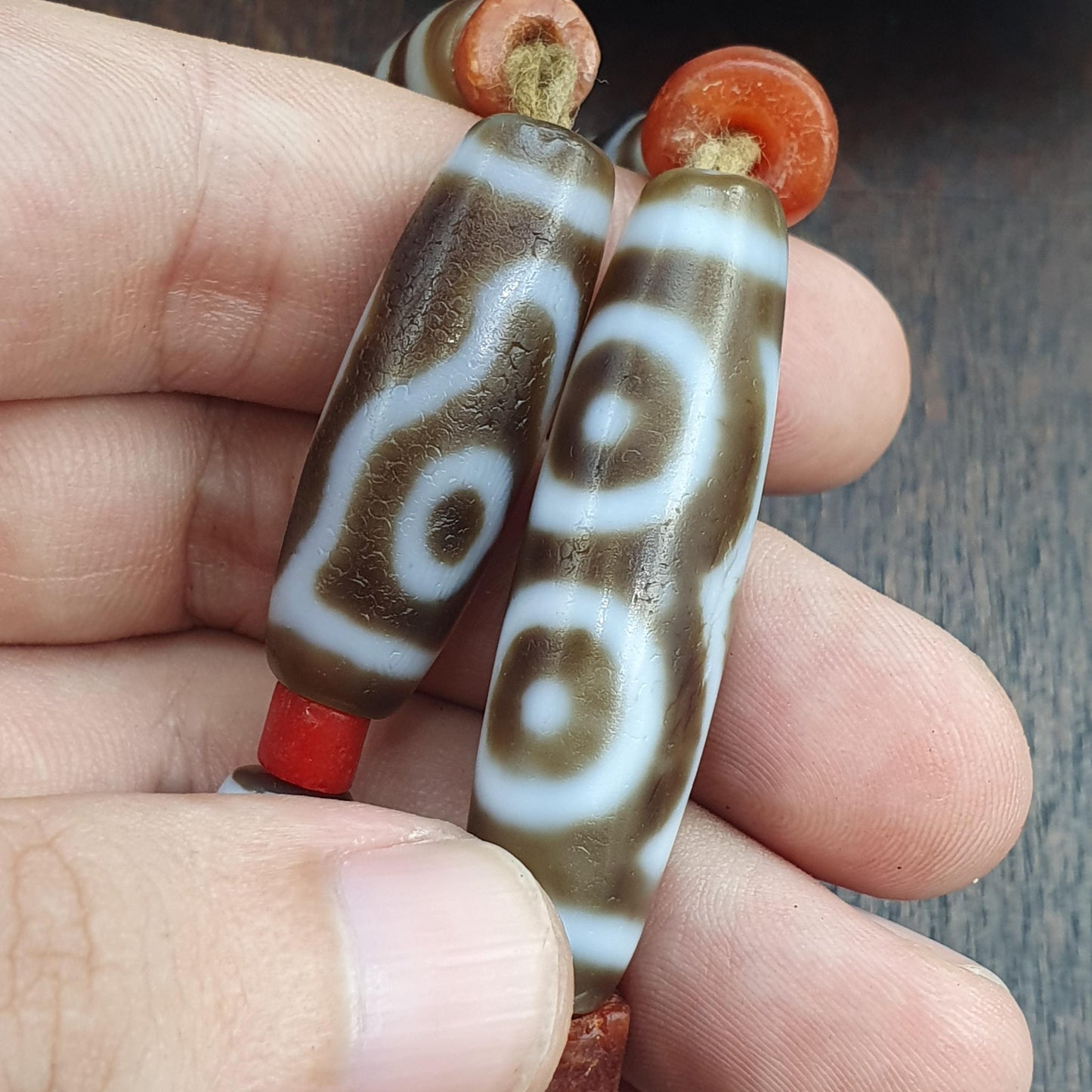 8 Tibetan Eye Dzi Beads with Antique Coral and Carnelian Beads Mala necklace