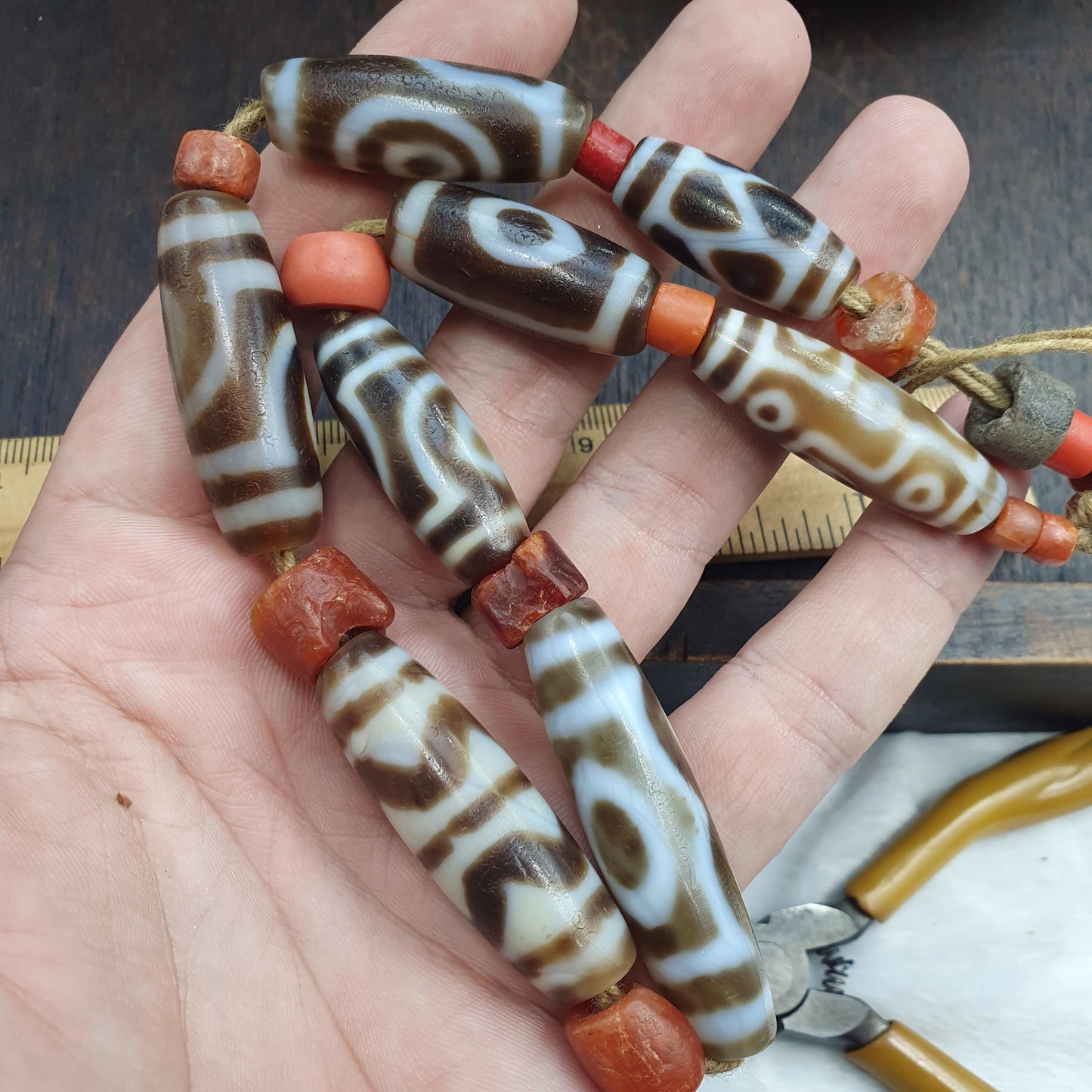 8 Tibetan Eye Dzi Beads with Antique Coral and Carnelian Beads Mala necklace