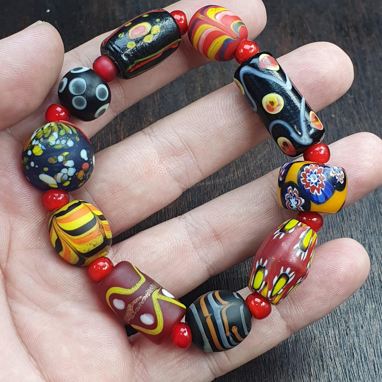 Vintage African Venetian Style chevron Glass Beads Bracelet, Handmade Boho Jewelry