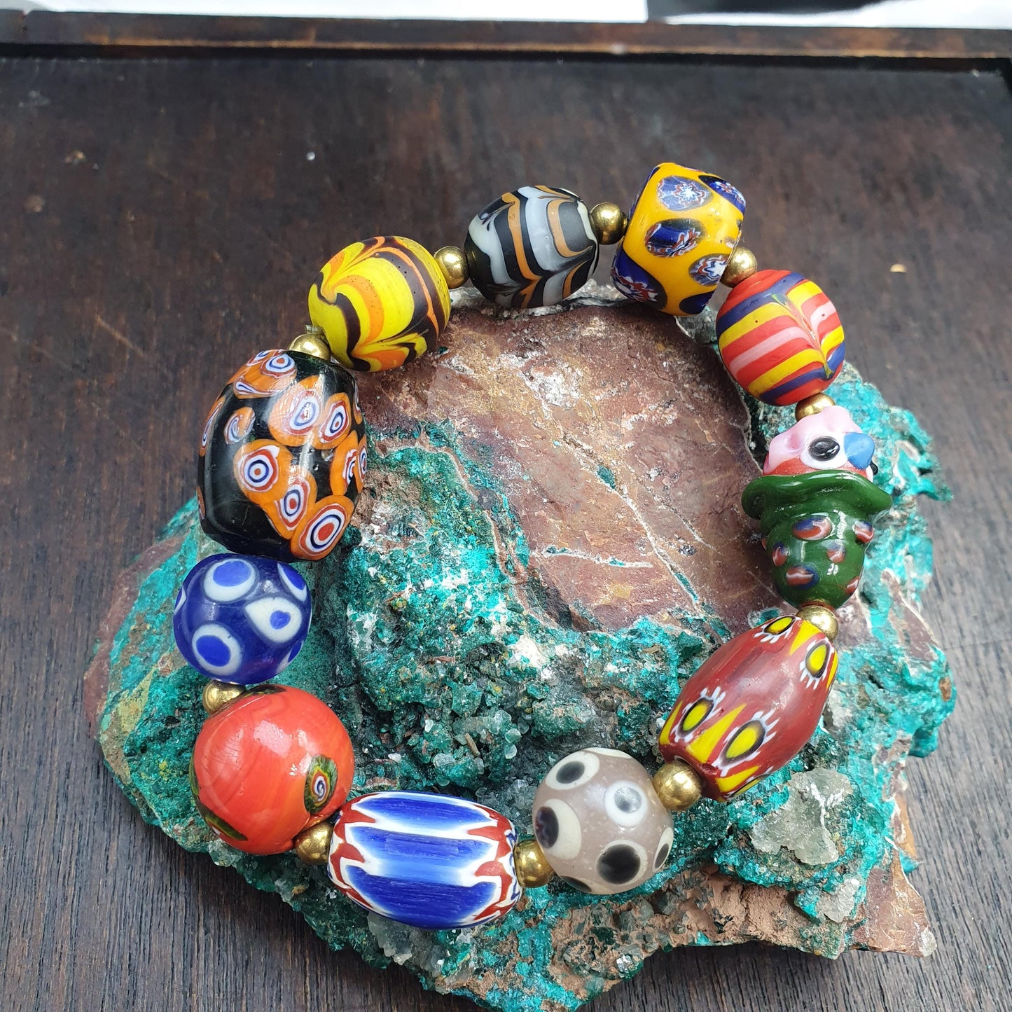 Venetian Style Glass Trade Bead Bracelet, Colorful Murano Style Millefiori Beads, African Trade Bead Jewelry, Eclectic Boho Gift