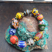 Venetian Style Glass, Boho Trade Bead Bracelet, Millefiori & Chevron | Gold-Tone Spacers | Stretch