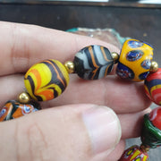 Venetian Style Glass, Boho Trade Bead Bracelet, Millefiori & Chevron | Gold-Tone Spacers | Stretch