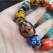 Venetian Style Glass, Boho Trade Bead Bracelet, Millefiori & Chevron | Gold-Tone Spacers | Stretch
