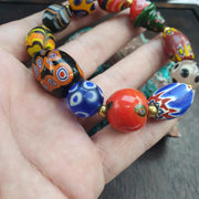 Venetian Style Glass, Boho Trade Bead Bracelet, Millefiori & Chevron | Gold-Tone Spacers | Stretch