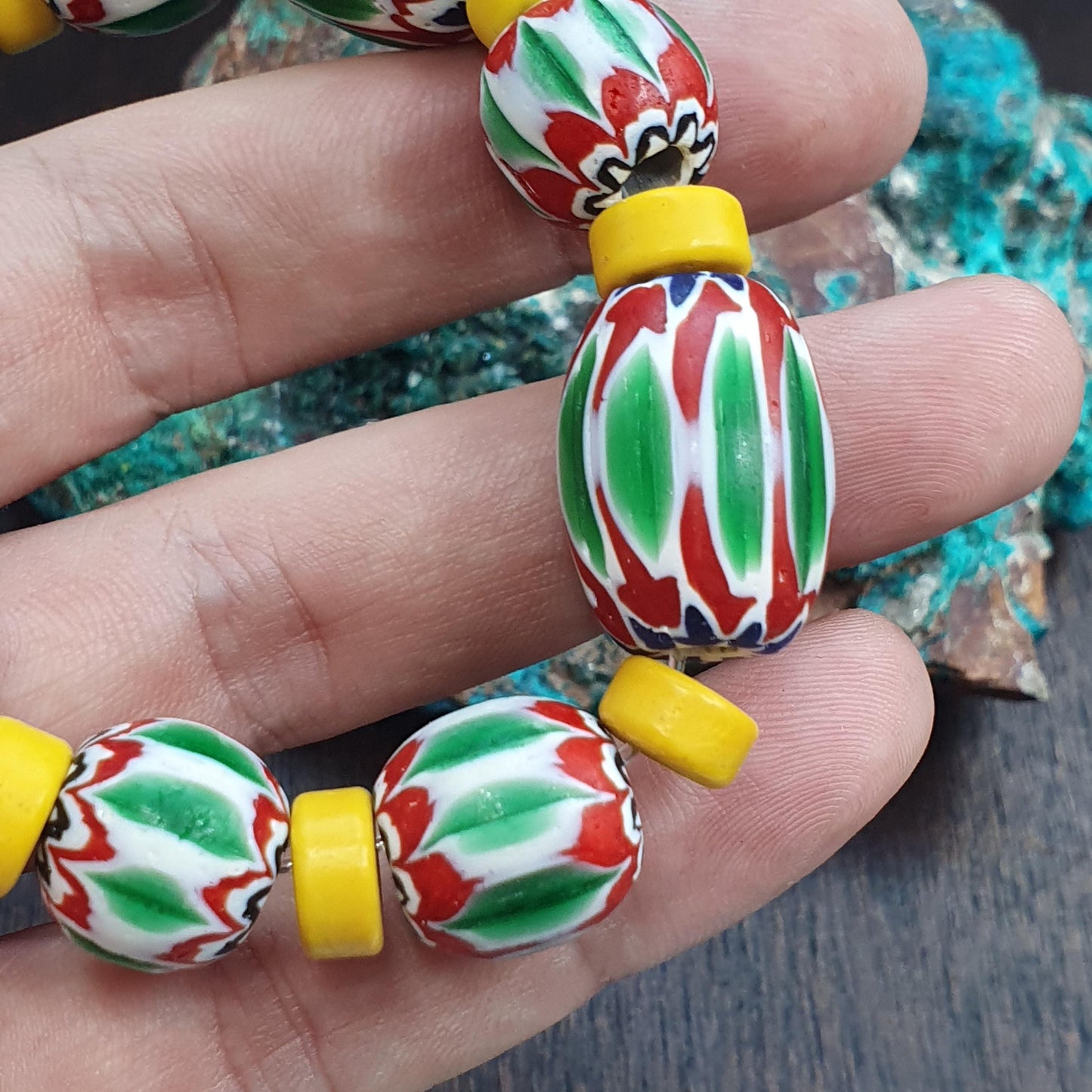 Venetian Style green Chevron Glass Bead Bracelet, Colorful Murano Style Millefiori Beads, African Trade Bead Jewelry, Eclectic Boho Gift