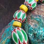 Venetian Style Green, Eclectic Boho Bracelet | Millefiori Glass Beads, Chevron Stripe Accents, Gold-Tone Spacers | Chunky Stretch Fit