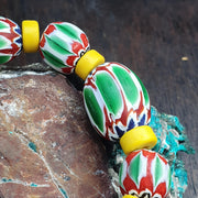 Venetian Style Green, Eclectic Boho Bracelet | Millefiori Glass Beads, Chevron Stripe Accents, Gold-Tone Spacers | Chunky Stretch Fit