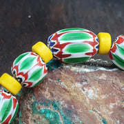 Venetian Style Green, Eclectic Boho Bracelet | Millefiori Glass Beads, Chevron Stripe Accents, Gold-Tone Spacers | Chunky Stretch Fit