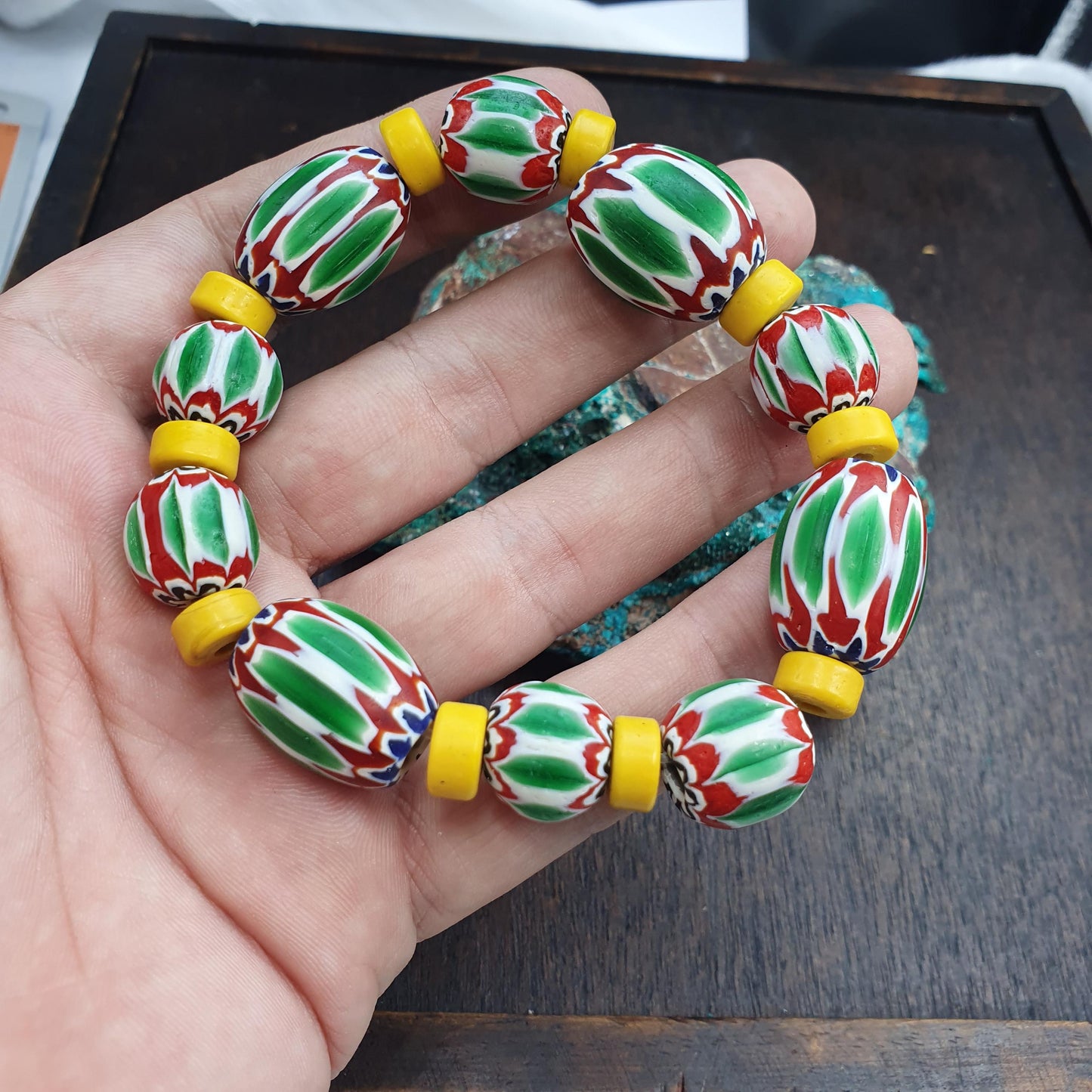 Venetian Style green Chevron Glass Bead Bracelet, Colorful Murano Style Millefiori Beads, African Trade Bead Jewelry, Eclectic Boho Gift