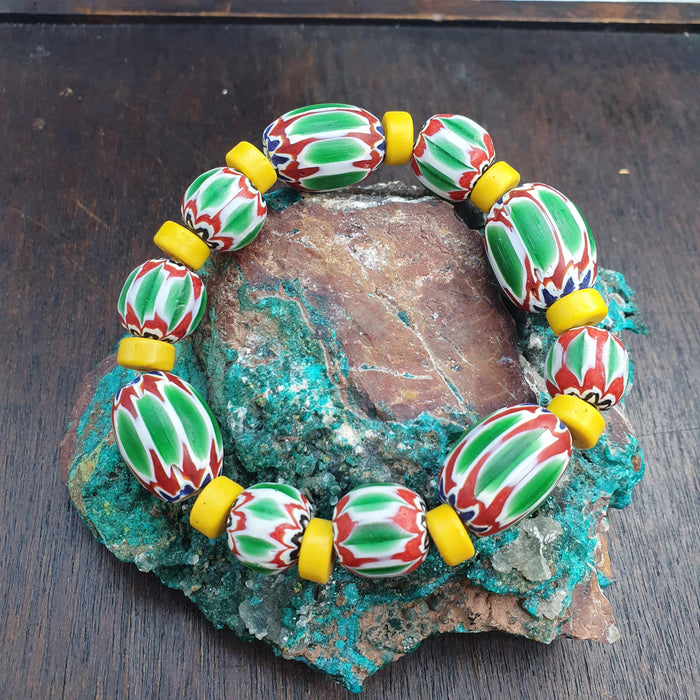 Venetian Style green Chevron Glass Bead Bracelet, Colorful Murano Style Millefiori Beads, African Trade Bead Jewelry, Eclectic Boho Gift