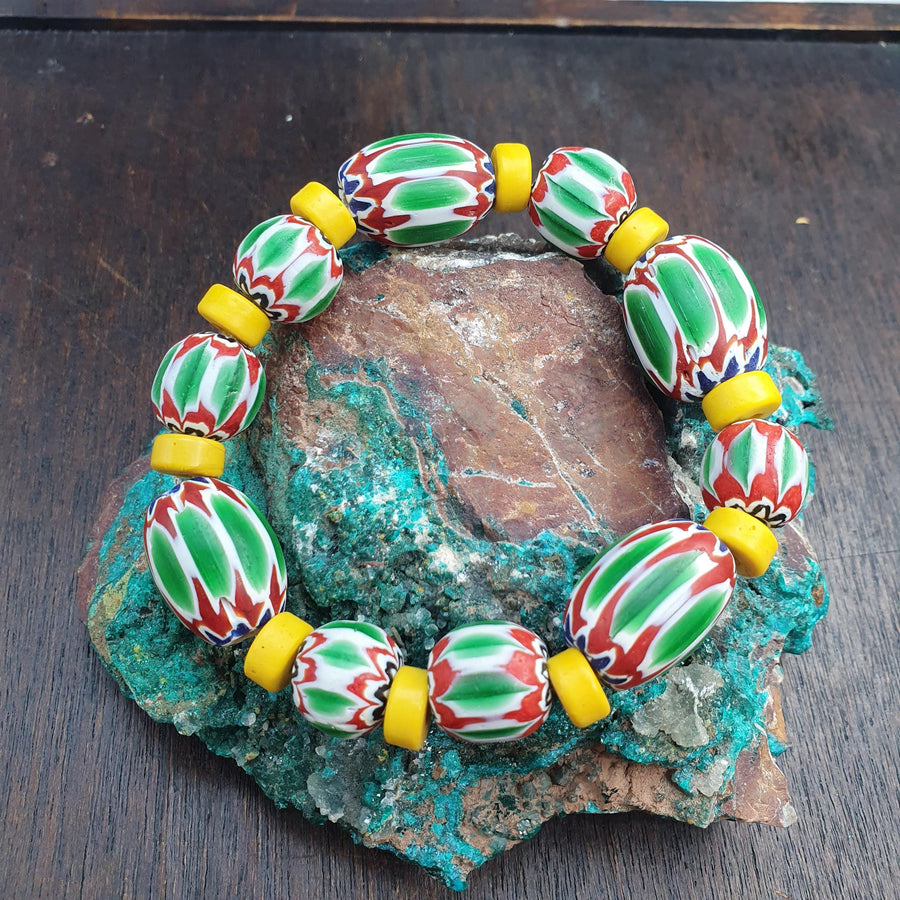Venetian Style Green, Eclectic Boho Bracelet | Millefiori Glass Beads, Chevron Stripe Accents, Gold-Tone Spacers | Chunky Stretch Fit