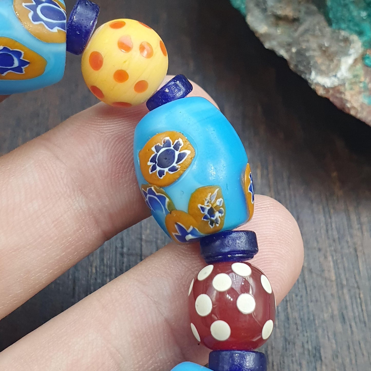 Sky Blue Murano Style Glass Bracelet, Vintage Venetian Style Trade Beads, Chunky Mosaic Floral Bead,