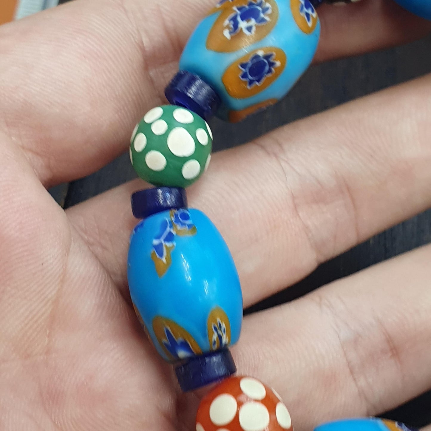 Sky Blue Murano Style Glass Bracelet, Vintage Venetian Style Trade Beads, Chunky Mosaic Floral Bead,