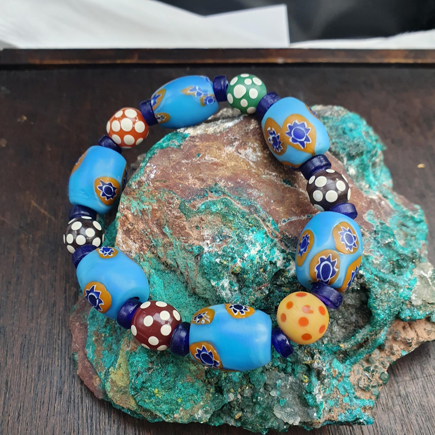 Sky Blue Murano Style Glass Bracelet, Vintage Venetian Style Trade Beads, Chunky Mosaic Floral Bead,