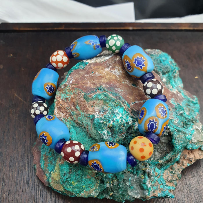 Sky Blue Murano Style Glass Bracelet, Vintage Venetian Style Trade Beads, Chunky Mosaic Floral Bead,