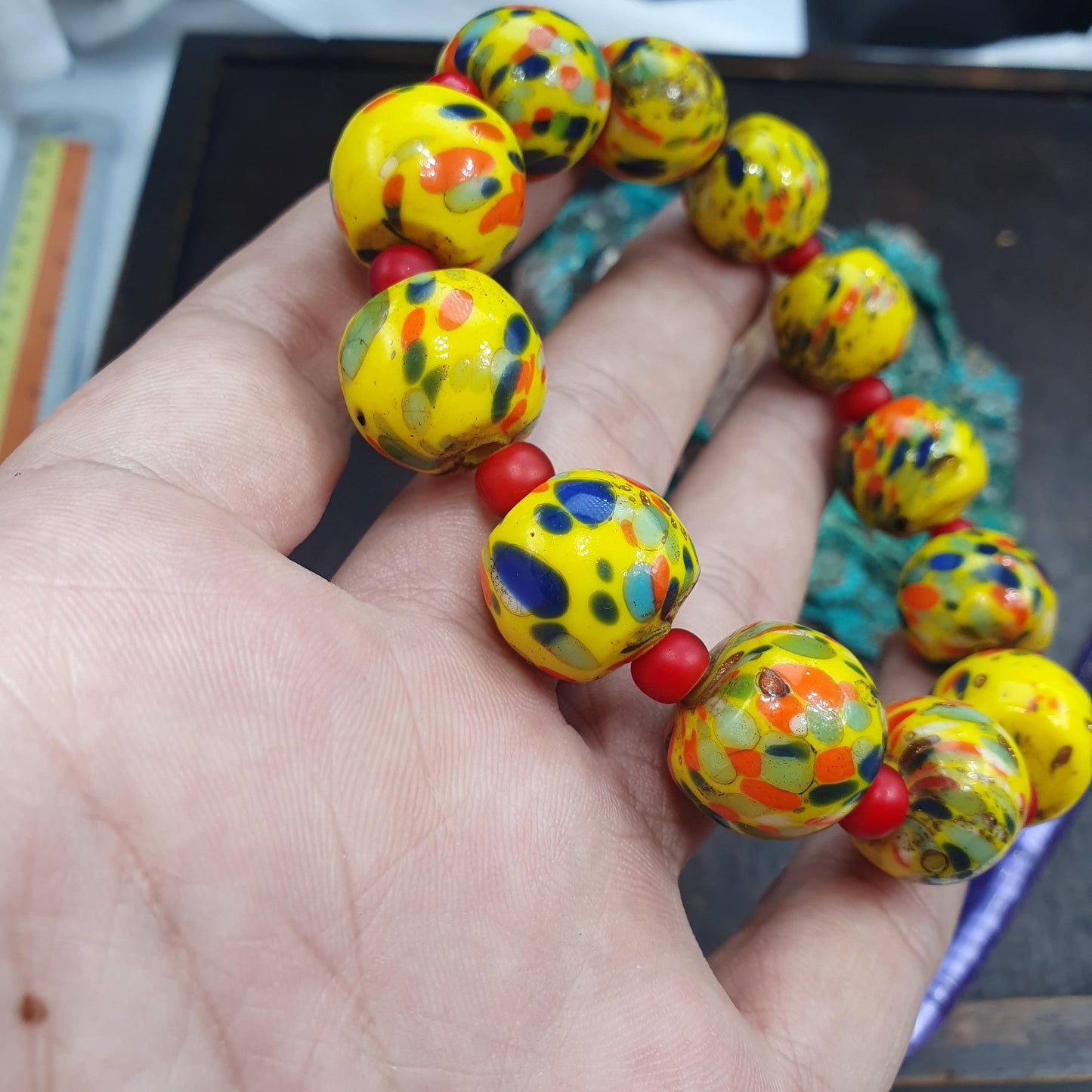 Yellow Venetian Style Glass Trade Bead Bracelet, Colorful Confetti Splatter Lampwork Beads, African Trade Bead Jewelry, Vibrant Boho Gift