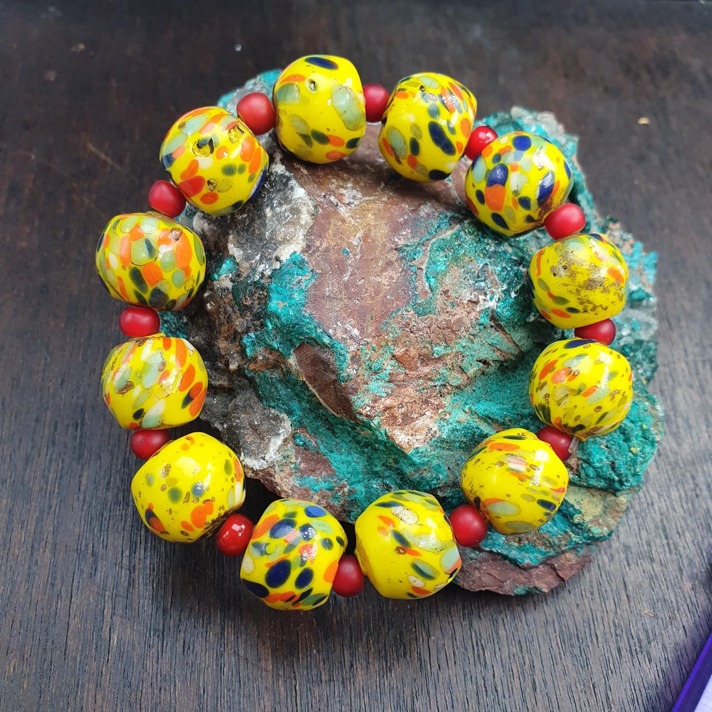 Yellow Venetian Style Glass Trade Bead Bracelet, Colorful Confetti Splatter Lampwork Beads, African Trade Bead Jewelry, Vibrant Boho Gift