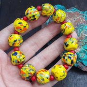 Venetian Glass Beads, Travel Boho Bracelet - Yellow Confetti Lampwork, Barrel Fleck, Red Spacer Accents | Stretch