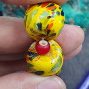 Venetian Glass Beads, Travel Boho Bracelet - Yellow Confetti Lampwork, Barrel Fleck, Red Spacer Accents | Stretch