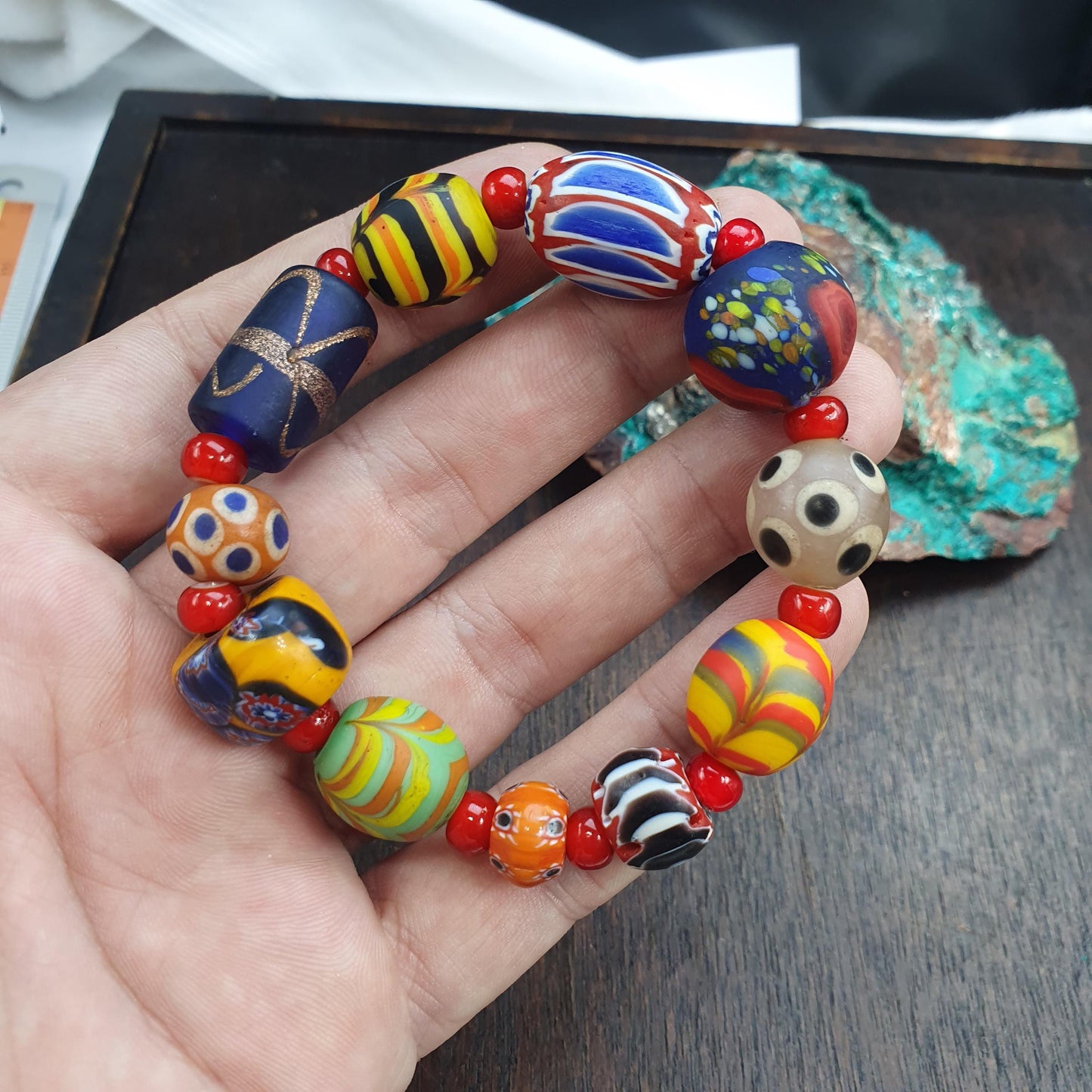 Mixed Venetian Style Glass Bead Bracelet, Colorful Lampwork and Chevron Trade Beads, Artisan Statement Bracelet, Bohemian Gift for Her