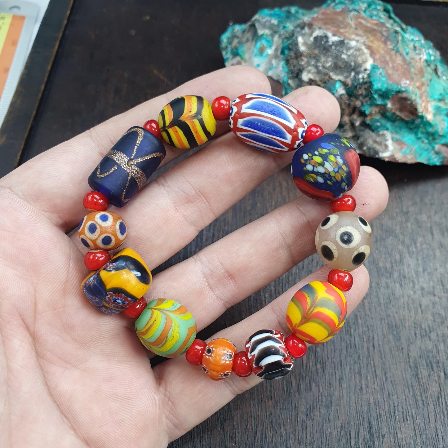 Mixed Venetian Style Glass Bead Bracelet, Colorful Lampwork and Chevron Trade Beads, Artisan Statement Bracelet, Bohemian Gift for Her