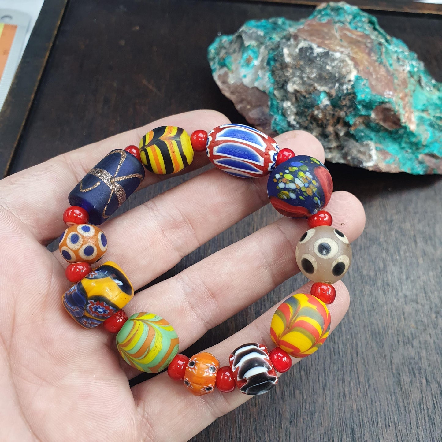 Mixed Venetian Style Glass Bead Bracelet, Colorful Lampwork and Chevron Trade Beads, Artisan Statement Bracelet, Bohemian Gift for Her