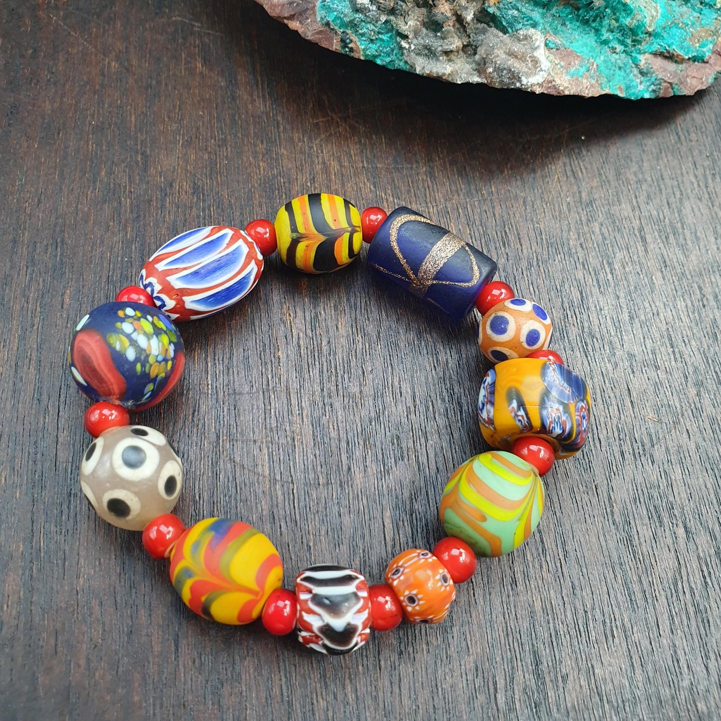 Mixed Venetian Style Glass Bead Bracelet, Colorful Lampwork and Chevron Trade Beads, Artisan Statement Bracelet, Bohemian Gift for Her