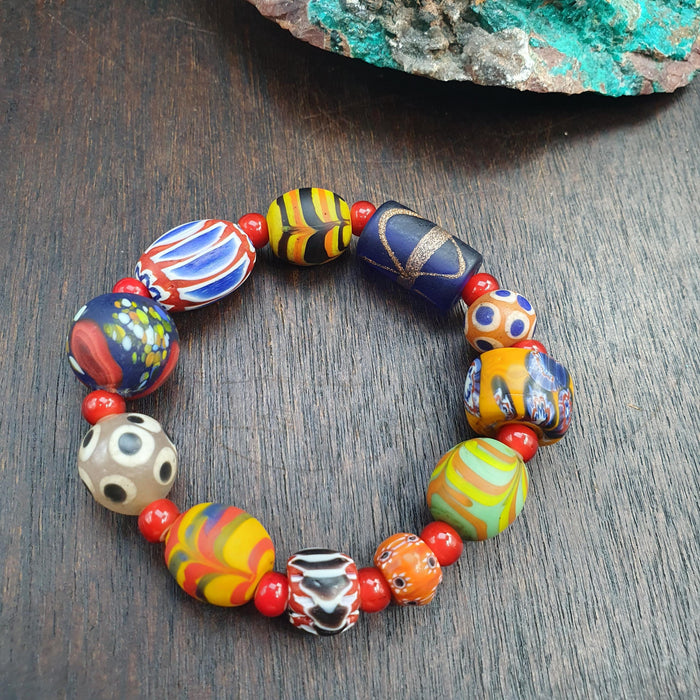 Mixed Venetian Style Glass Bead Bracelet, Colorful Lampwork and Chevron Trade Beads, Artisan Statement Bracelet, Bohemian Gift for Her