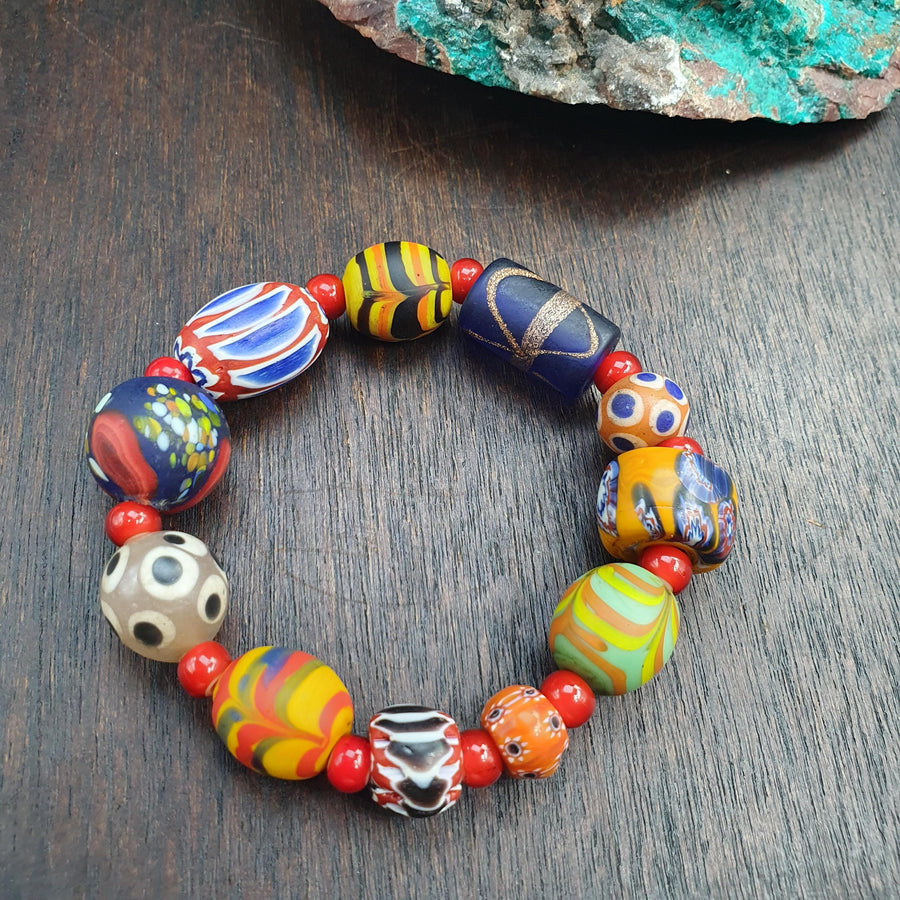 Mixed Venetian Style, Colorful Lampwork Bracelet | Chevron Trade Beads, Glass Spacer Accents, Elastic Fit