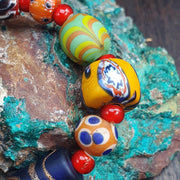 Mixed Venetian Style, Colorful Lampwork Bracelet | Chevron Trade Beads, Glass Spacer Accents, Elastic Fit