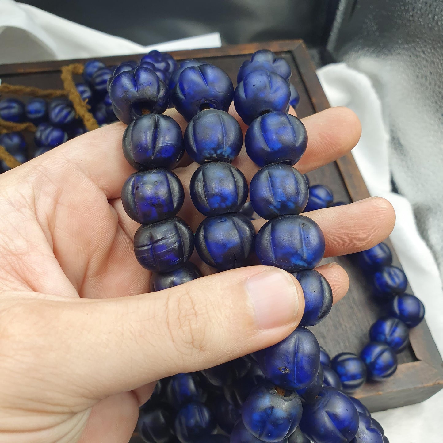 Cobalt Blue Melon Glass Trade Bead Strand, Antique Venetian Style Ribbed Beads Beautiful old african blue glass antique beads 17-18mm
