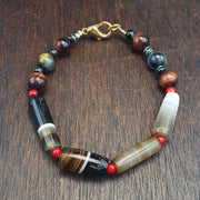 Antique Old Yemeni, Striated White Agate Beaded Bracelet | Tigereye Accent, Tubular Beads