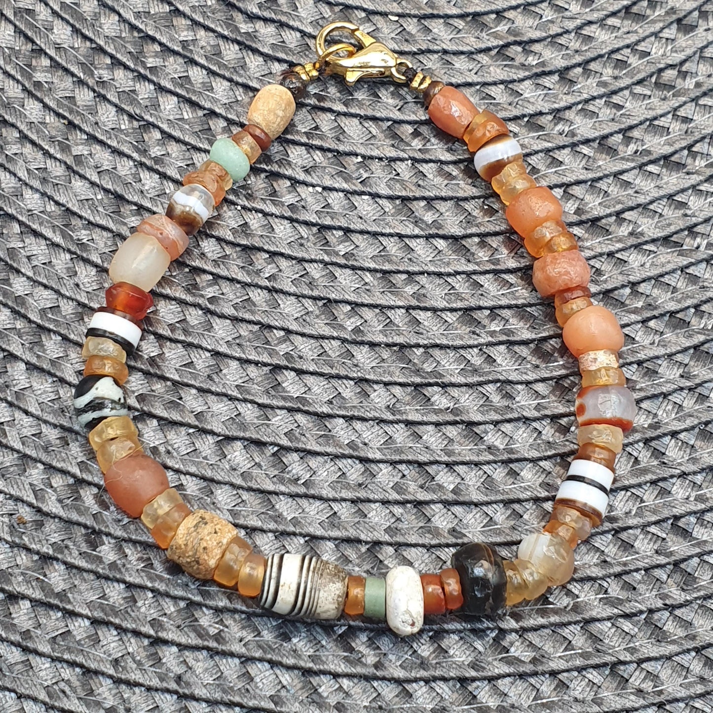 Ancient Agate and Crystal Bead Bracelet 8 Inches, Antique Silk Road Carnelian Talisman, Rare Collectible Gift