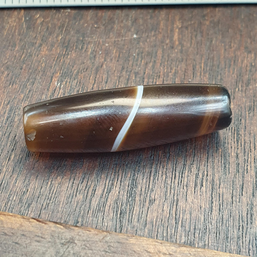 Antique Yemeni Agate, Tabular Barrel Focal Bead | Sulemani Quartz, Warm Honey To Chocolate Stripes - 38mm