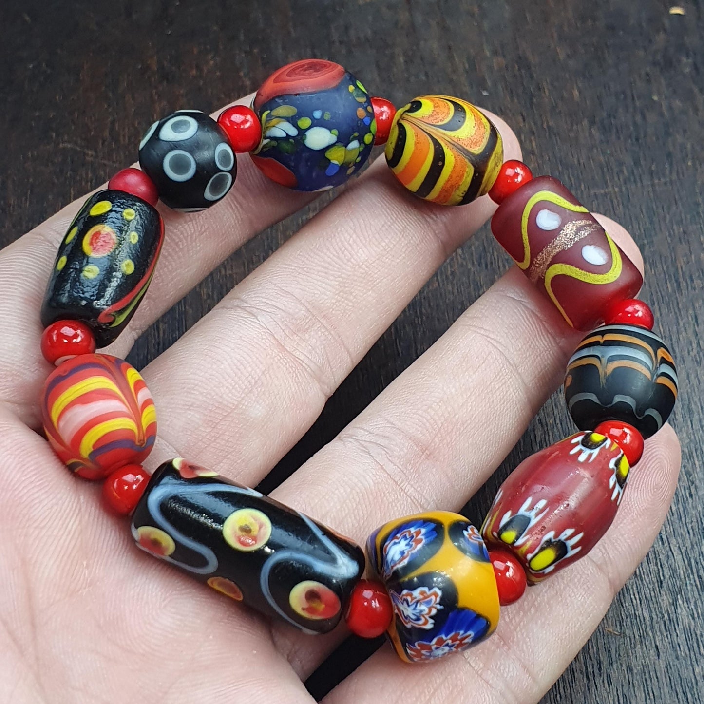 Vintage African Venetian Style chevron Glass Beads Bracelet, Handmade Boho Jewelry