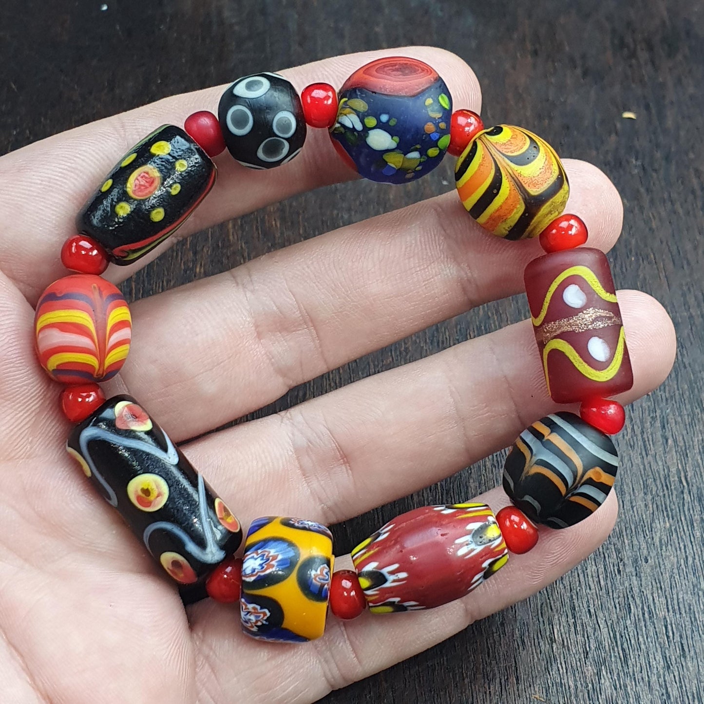 Vintage African Venetian Style chevron Glass Beads Bracelet, Handmade Boho Jewelry