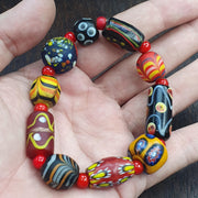 Chevron Glass Beads, Vintage African Venetian Bracelet - Luminous Pattern | Beading Thread, Standard Wrist