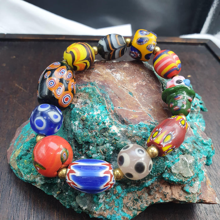 Venetian Style Glass Trade Bead Bracelet, Colorful Murano Style Millefiori Beads, African Trade Bead Jewelry, Eclectic Boho Gift