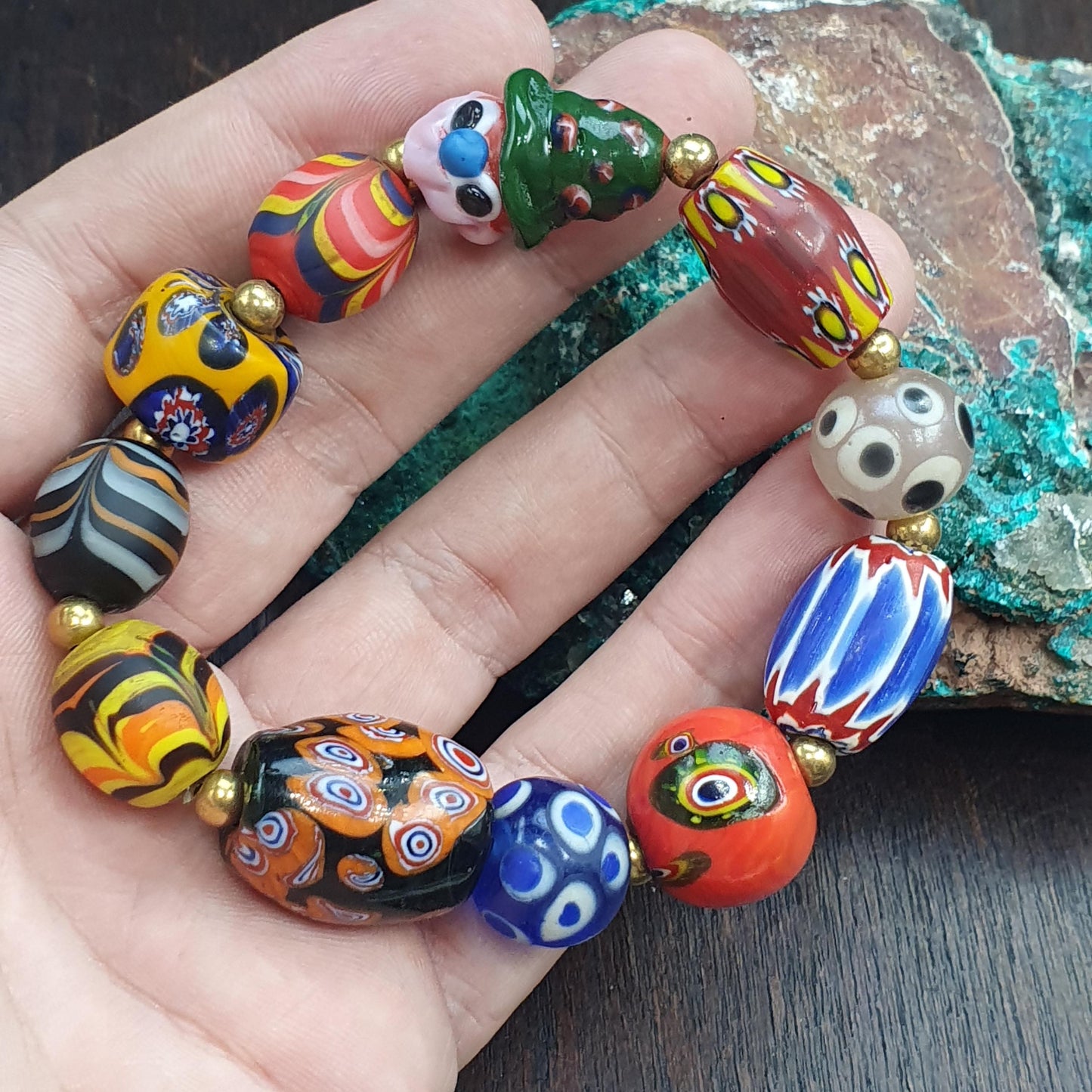 Venetian Style Glass Trade Bead Bracelet, Colorful Murano Style Millefiori Beads, African Trade Bead Jewelry, Eclectic Boho Gift