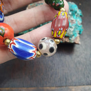 Venetian Style Glass, Boho Trade Bead Bracelet, Millefiori & Chevron | Gold-Tone Spacers | Stretch