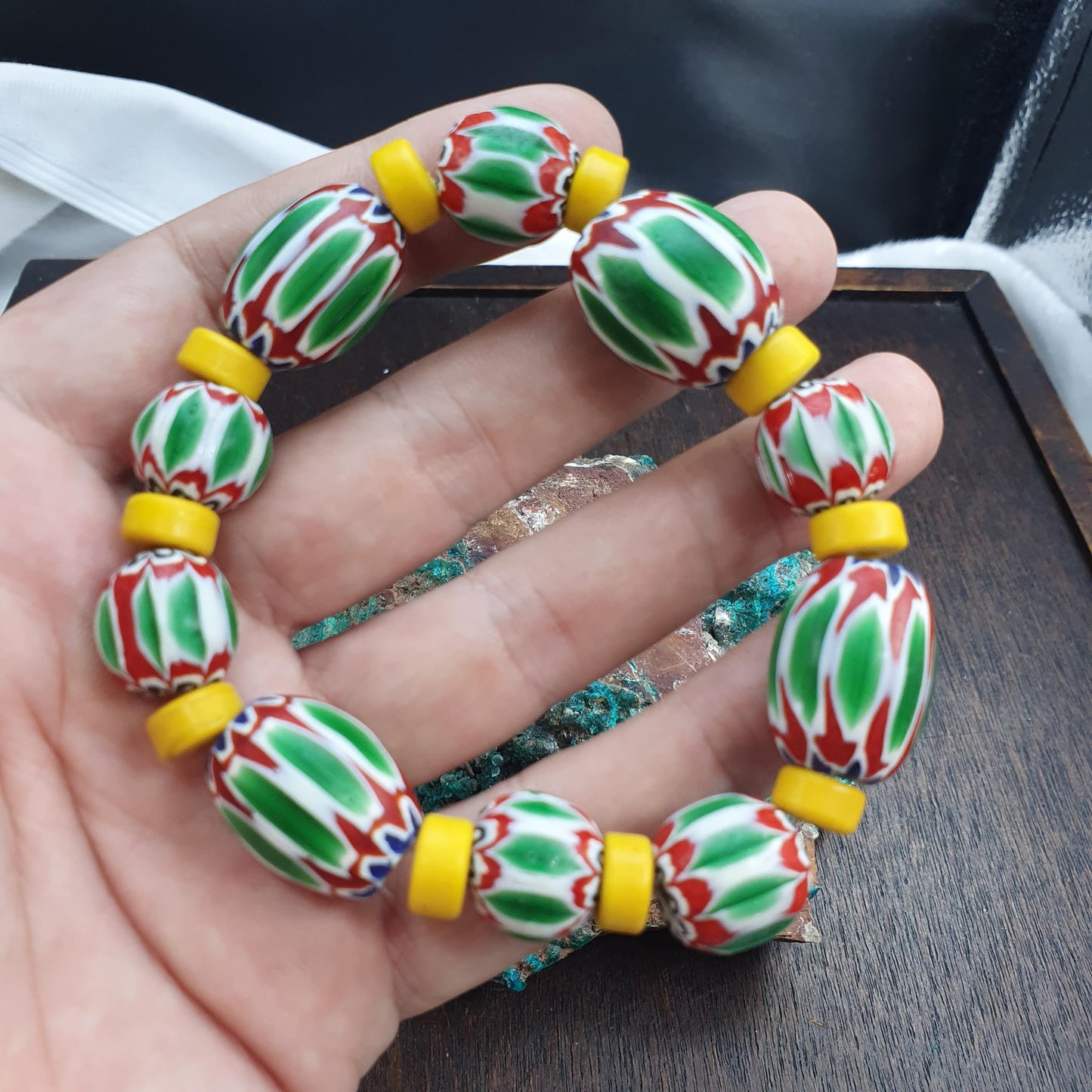 Venetian Style green Chevron Glass Bead Bracelet, Colorful Murano Style Millefiori Beads, African Trade Bead Jewelry, Eclectic Boho Gift