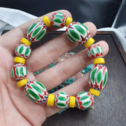 Venetian Style Green, Eclectic Boho Bracelet | Millefiori Glass Beads, Chevron Stripe Accents, Gold-Tone Spacers | Chunky Stretch Fit