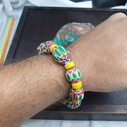 Venetian Style Green, Eclectic Boho Bracelet | Millefiori Glass Beads, Chevron Stripe Accents, Gold-Tone Spacers | Chunky Stretch Fit